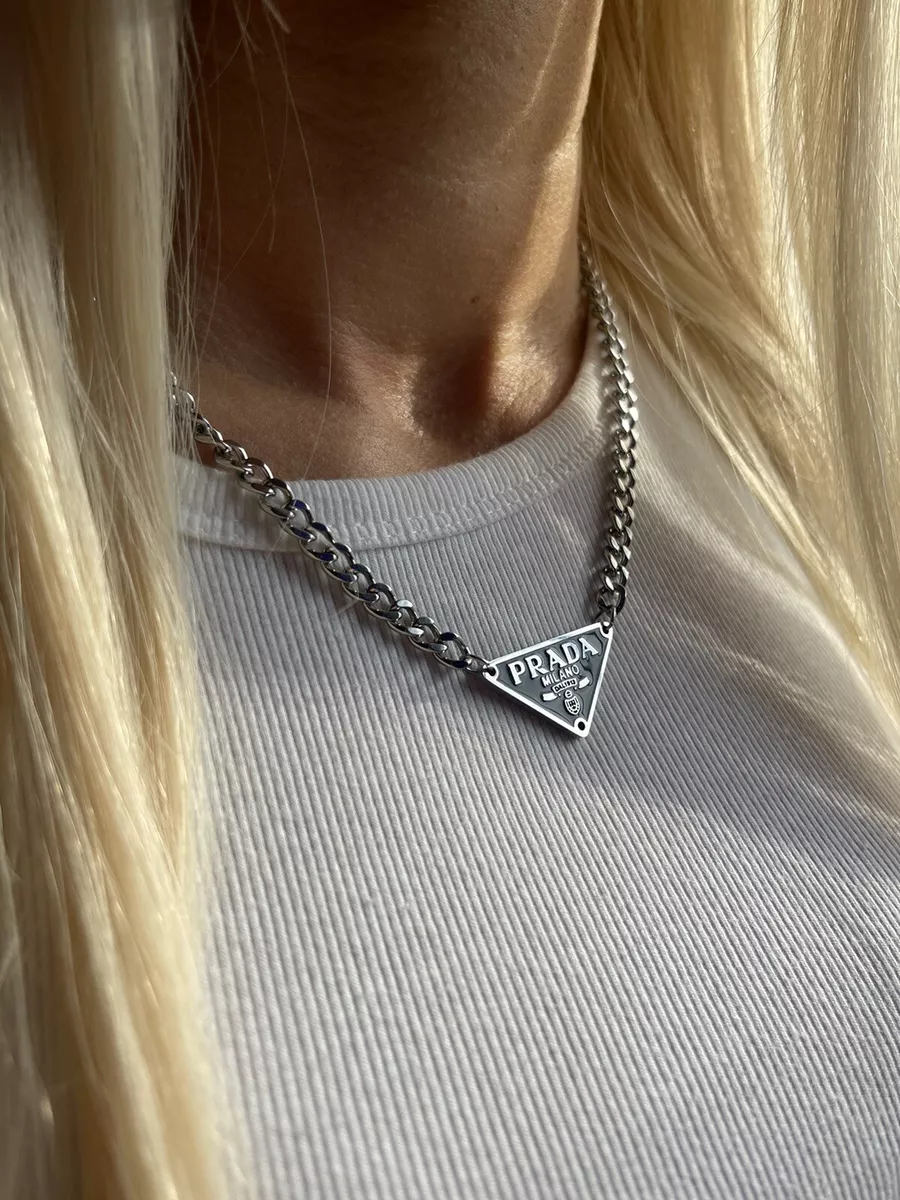 Prada Triangle Logo Pendant Necklace (Black Pendant) (STAINLESS STEEL)