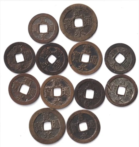 Japan Edo period Coins Lot of 12pcs. "Kan-ei tsuho 寛永通寶" 1636-1769