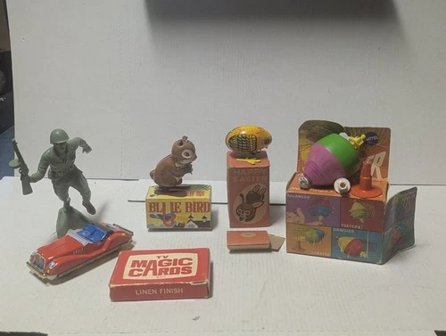 vintage toy lot,tin toy,top,marx army guy,magic cards