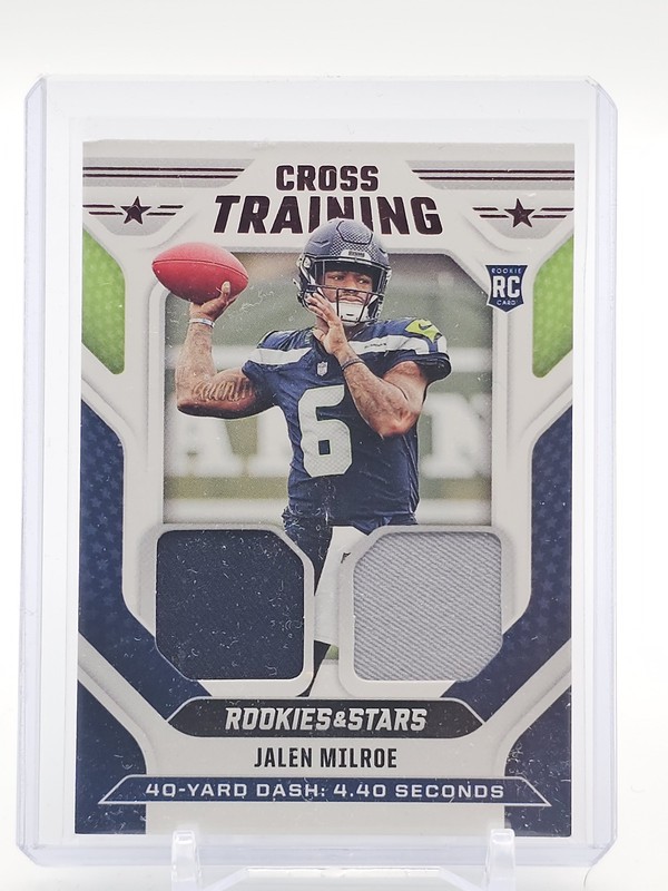 JALEN MILROE 2025 ROOKIES & STARS CROSS TRAINING ROOKIE DUAL PATCH Q6089