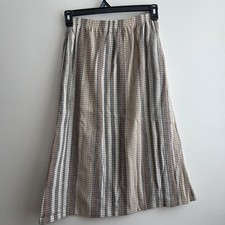 Vintage Gingham Tweed Tan Wool Blend Midi Skirt Academia Preppy Size 8 Pockets