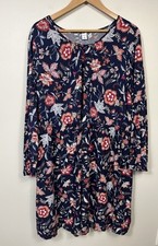 Old Navy Dress Womens 2X XXL Navy Blue Pink Floral Dress Long Sleeve Knee Length