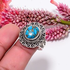 Copper Blue Turquoise Fine Art Oxidised 925 Sterling Silver Ring S.8.5 R115522