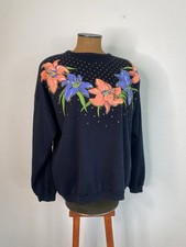 Vintage Women  s Art To Wear 80  s Puff Painted Floral Sweatshirt L Neon Glitter