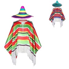 2Pcs Adults Mexican Stripe Fringed Poncho Cape and Hat Traditional Cosplay Party