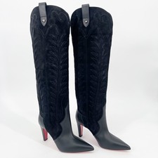 Christian Louboutin Black Leather Suede Santia Botta 85 Knee High Boot EU 36.5