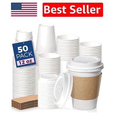 50 Pack of Biodegradable 12 oz Disposable Coffee Cups - Leak Proof Design