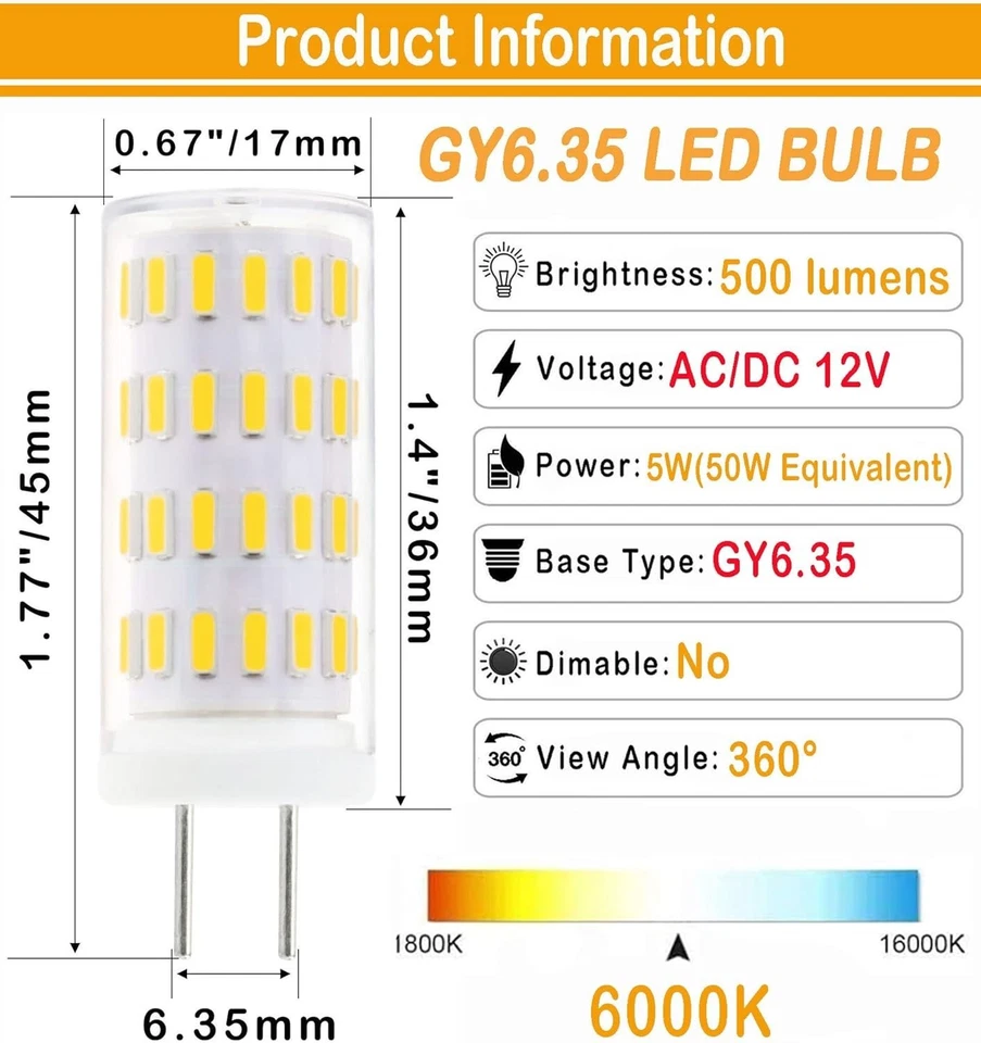 GY6.35 Bombilla LED 5W Equivalente a 50W Halógena,CA/DC 12V Luz de Día Blanca 6000K,G... Foto 3 de 4