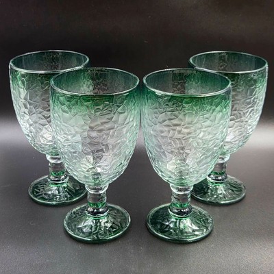 Libbey Glass Co Frost Crackle Texture Set of 4 Water Goblets Juniper Green Rim