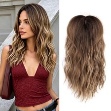 Ombre Brown Dark Roots Long Wavy 14in Women Premium Hair Topper