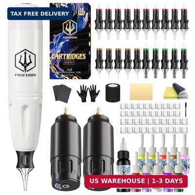POSEIDON Wireless Rotary Tattoo Machine Kit with 20 Tattoo Cartridge Needles, In