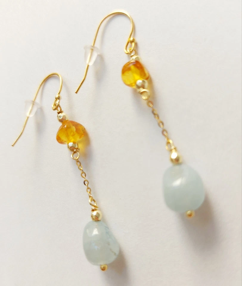 Orecchini pendenti in argento 925 laminato oro con ambra acquamarina ed ematite  - Immagine 4 di 4