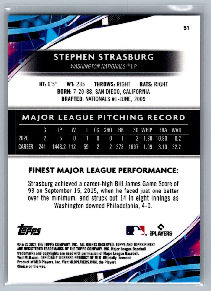 Stephen Strasburg 2021 Finest - Aqua Refractor #/199 #51 Washington Nationals - Image 2 of 2