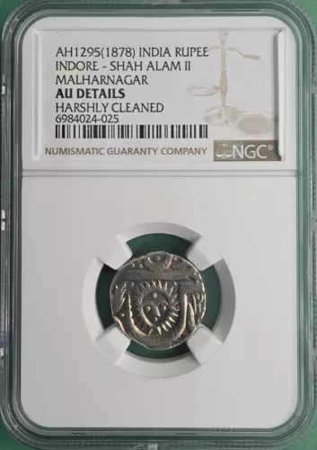 AH1295(1878) INDIA SILVER RUPEE  INDORE- SHAH ALAM II MALHARNAGAR NGC AU DETAILS