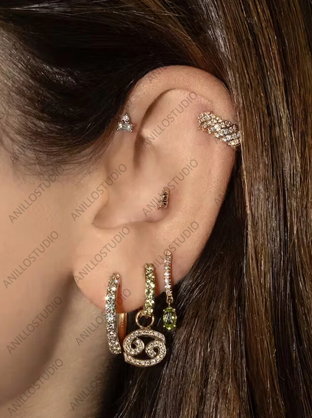 Natural Peridot Cartilage Earrings, Mini HoopsHuggies Earrings 14k Yellow Gold - Image 3 of 4