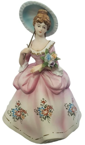 BEAUTIFUL VINTAGE PORCELAIN BISQUE VICTORIAN LADY WITH PARASOL FIGURINE 8"T READ