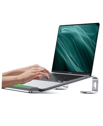 Ergonomic Aluminum Laptop Stand with Wrist Rest Pad, Adjustable Desk Riser for Comfortable Typing, Silver-image