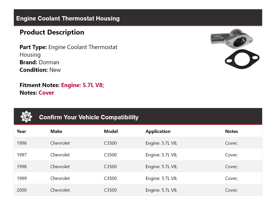 Carcasa termostato refrigerante motor V8 Dorman 5,7 L Chevrolet C3500 1996-2000 Foto 2 de 4