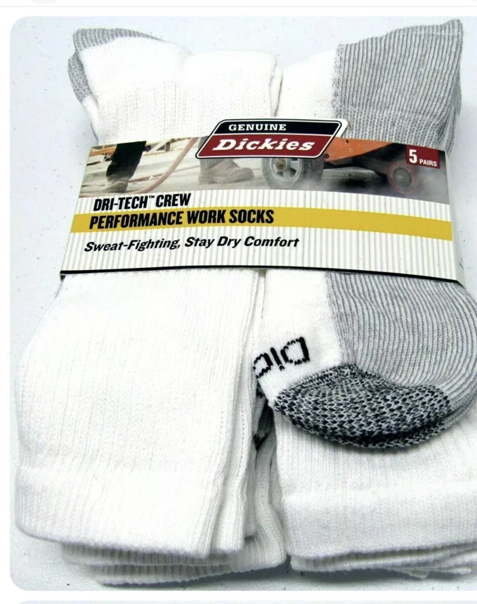Dickies Performance Mens Work Socks White NEW Dri-Tech Crew 5 Pk 6-12