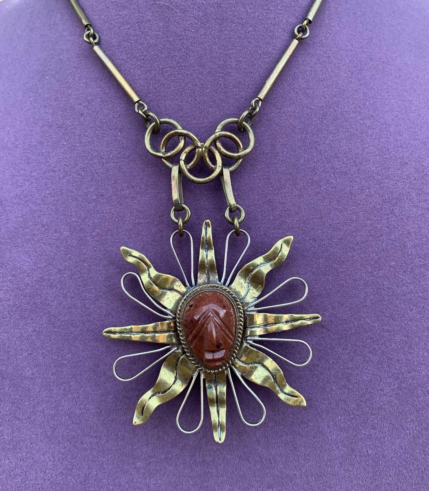 Brass Taxco Onyx Sun Face Necklace vintage Brass … - image 2
