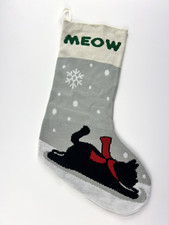 Knit Black Cat Meow Christmas Stocking 20" Sledding Snowflakes Grey Red Cream