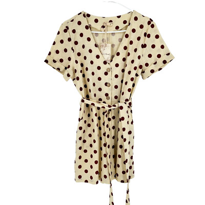 Hem & Thread Romper One Piece Linen Large Cream Brown Polka Dot Short Sleeve