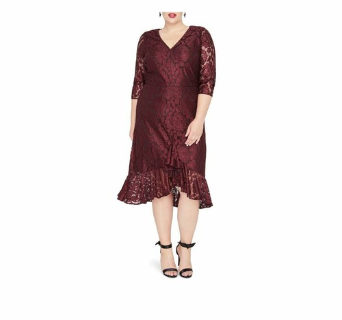 Neu mit Etikett Rachel Roy Plus Damenkleid burgunderrot Parker Spitze A-Linie Rüschensaum - Bild 3 von 6