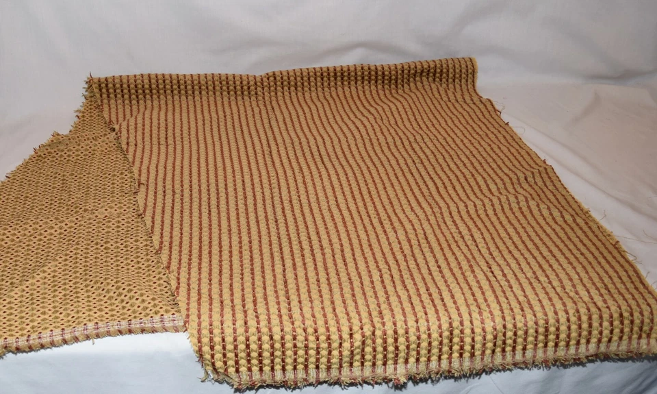 Vintage Red Beige Embroidered Woven Striped Thick Upholstery Fabric Remnant - Image 4 of 4