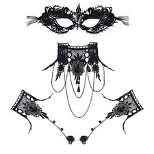 Gothic Masquerade Victorian Choker Mask Finger Gloves Halloween Costume Set