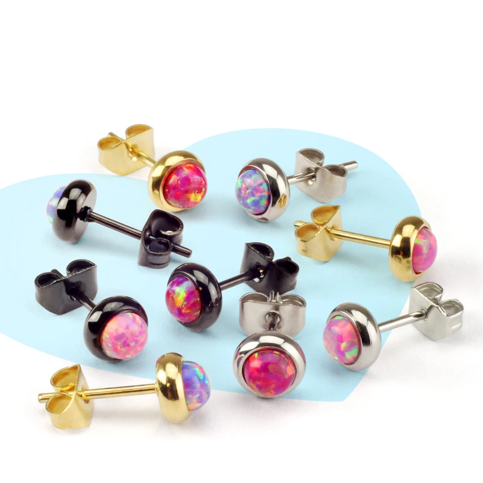 Synthetic Opal Bezel Set 316L Surgical Steel Post Earrings (Select Colors) - Image 2 of 4