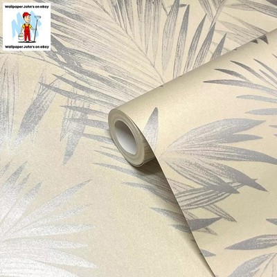 Beige & Silber, tropischer Schimmer Palmblatt Muster Tapete