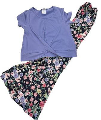 Tween Diva Girls 12 Floral High Waist Pants & Purple Top Set Bell Bottom Pull On