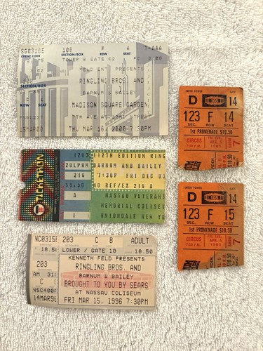 Ringling Bros Barnum & Bailey Circus Ticket Stubs : Lot Of 5 - 1982/85/1996/2000