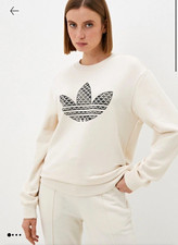 adidas Originals Women's S Beige/Black Crewneck Fleece Trefoil Logo Sweatshirt