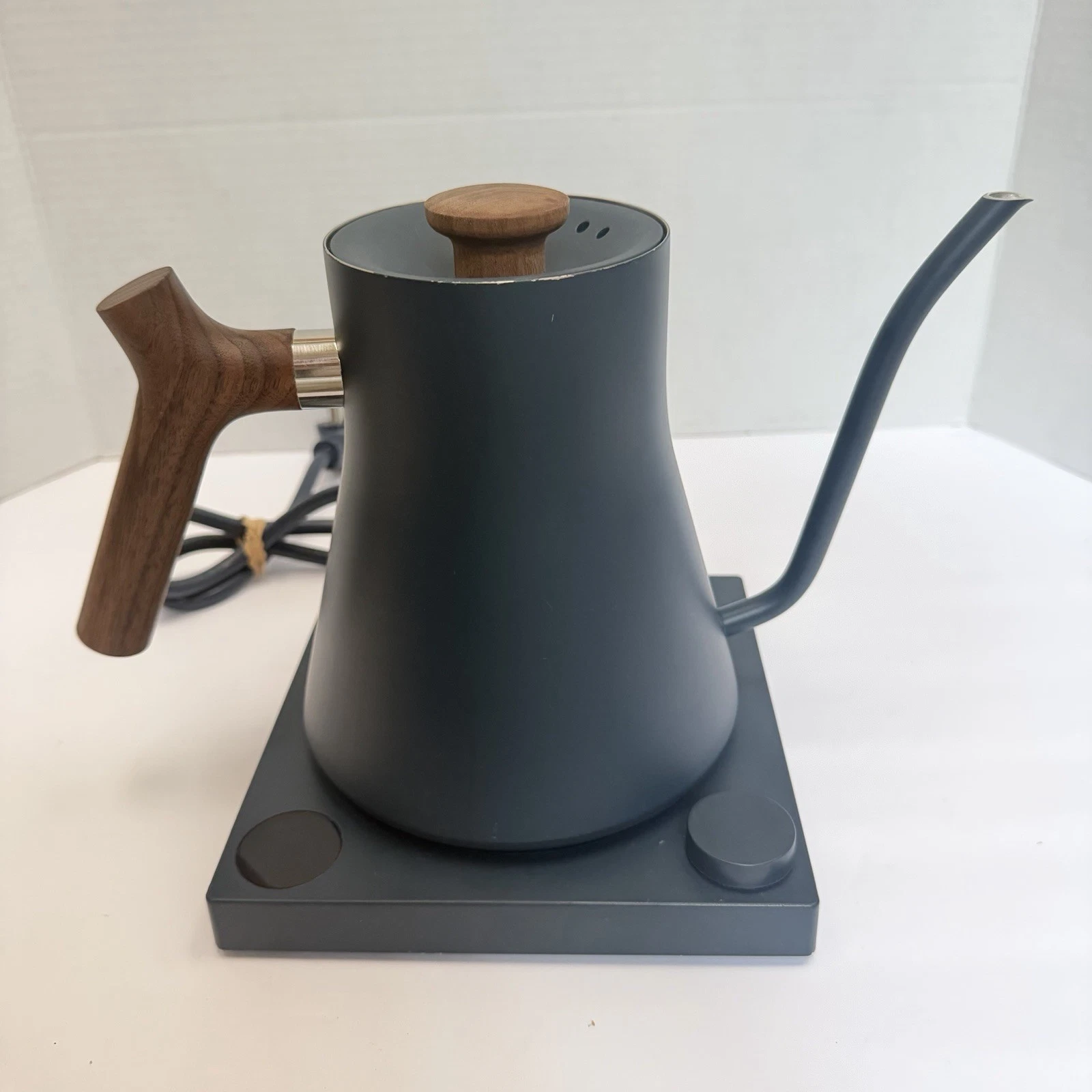 Fellow Stagg EKG pour over gooseneck kettle and base matte blue Walnut
