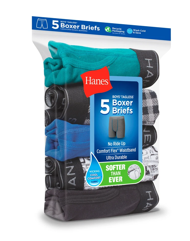 Hanes Boys Boxer Briefs 5-Pack Comfort Flex Waistband Printed Wicking Breathable