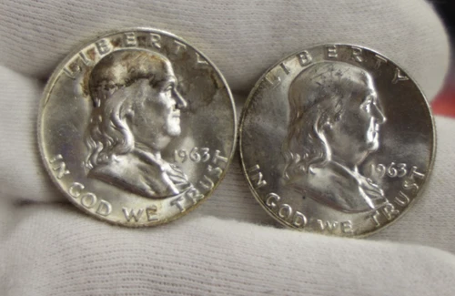 (2) 1963, 1963 D US Franklin Halves 50c Nice Uncs...