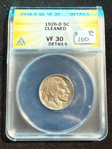 1926 D BUFFALO NICKEL ANACS VF 30 DETAILS CLEANED