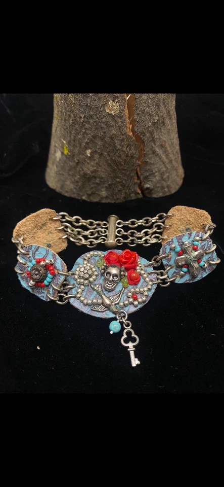 Leather Silver Turquoise Peridot Amber Coral Bracelet Cowgirl Boho - Image 2 of 4