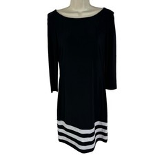 Chaps Stretchy Shift Dress Size XS Black w/White Stripes 3/4 Sleeves Work Career