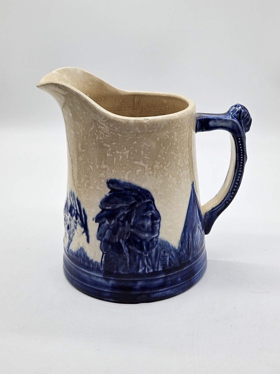 Vintage Sleepy Eye Pitcher Creamer Indian Teepee Stoneware Cobalt 