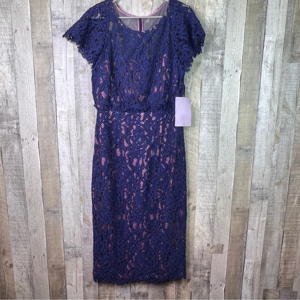 JS Collection Size 10 Navy Blue Floral Lace Rose Liner Short Sleeve Sheath Dress - Image 2 of 4