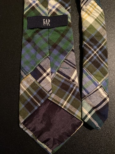 Excellent GAP Boys Tie Blue Green White Madras Plaid Patchwork - Picture 6 of 6