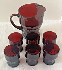 Anchor Hocking Georgian Ruby Red Pitcher and 6 Glasses Set