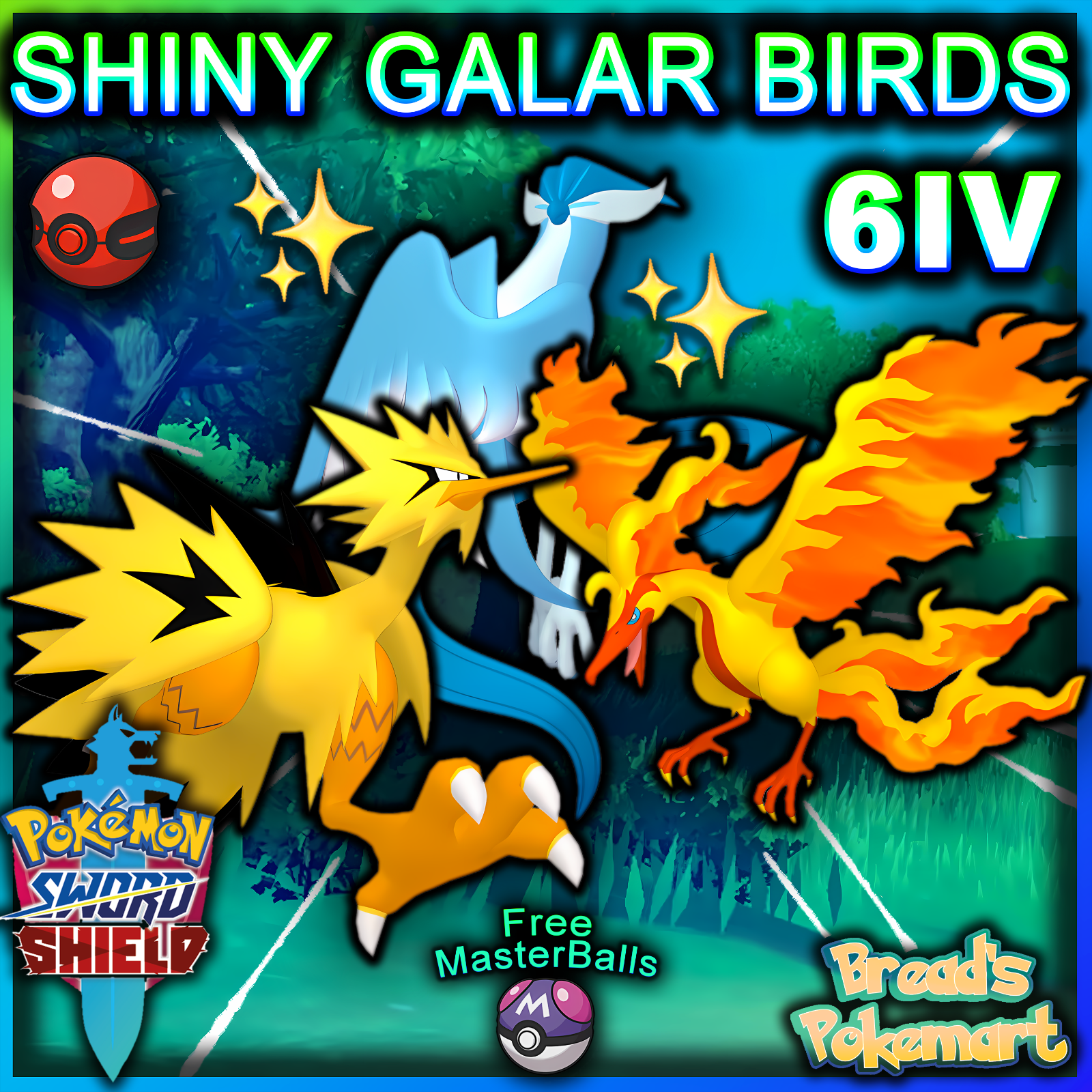 Ultra Sqaure Shiny 6IV Galarian Articuno, Zapdos, and Moltres