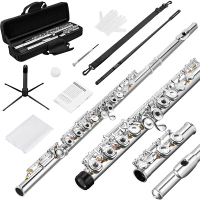Premium 16 Keys Open Hole C Flute Set Silver Plated for Beginner/Advanced, NEW