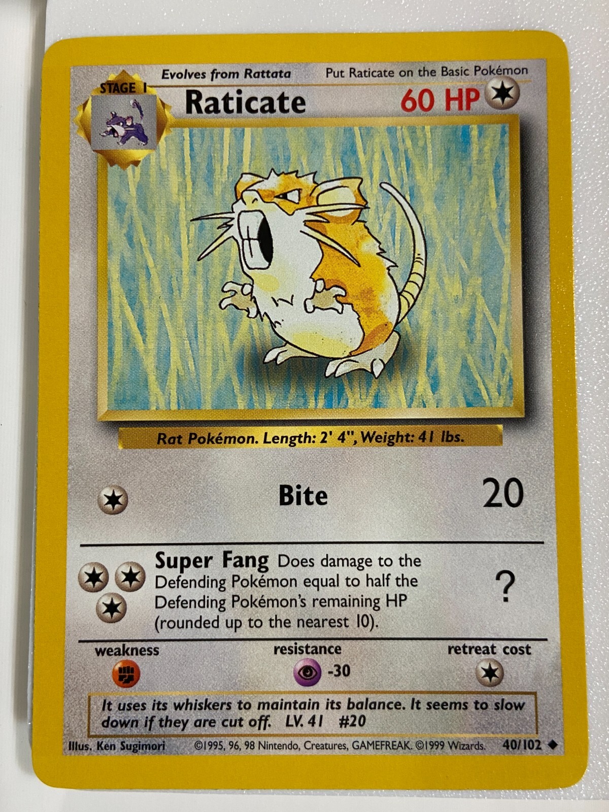Pokemon - Raticate 40/102 Base Set Uncommon NM Vintage 1999