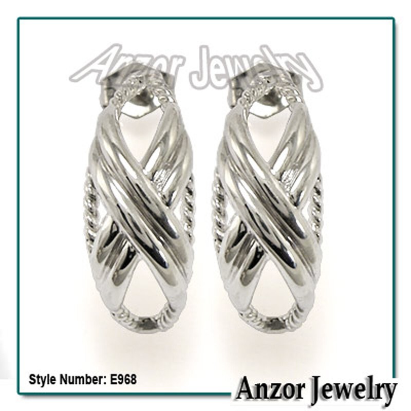 14k Solid White Gold X Design Earrings #E968