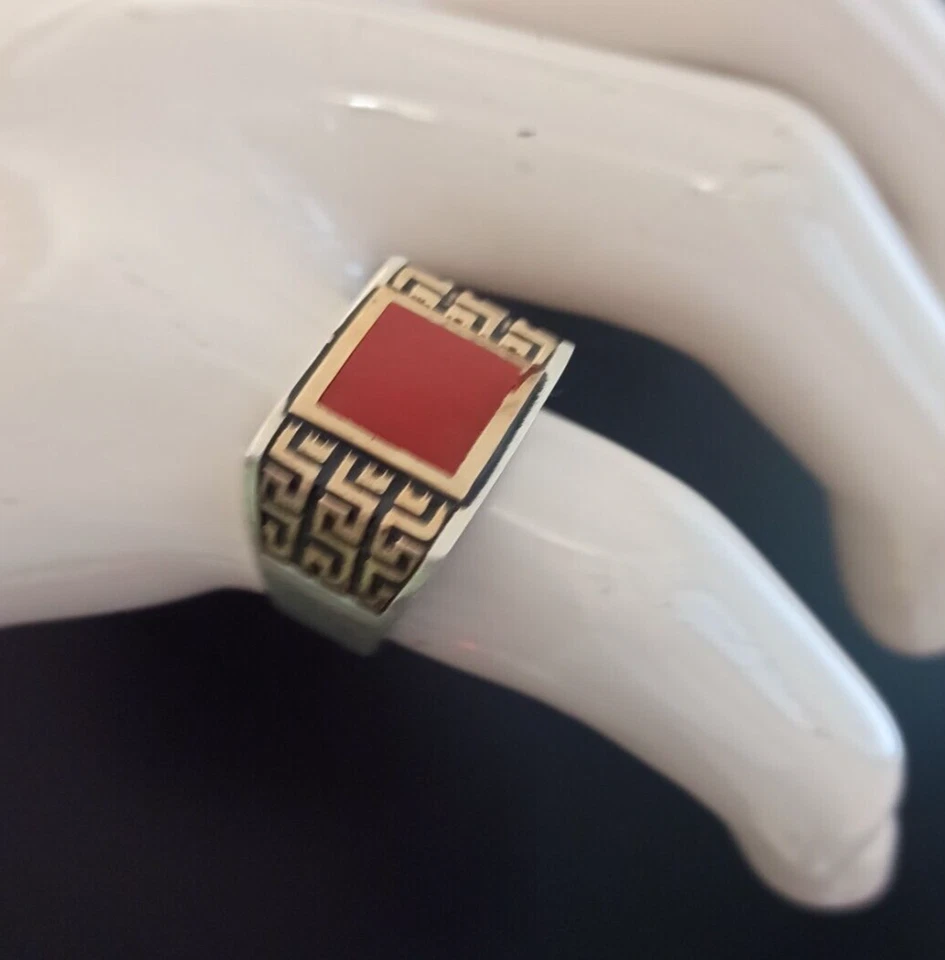 Anillo Para Hombre Art Deco Renacimiento Plata 925 Rojo Retro Vintage Griego Bizantino 11.25 Foto 3 de 4