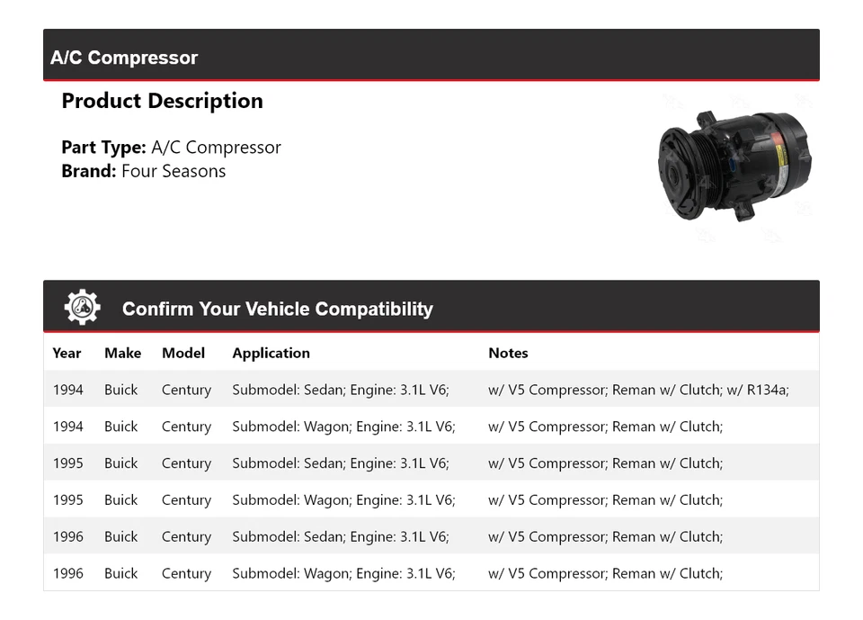 Compresor de aire acondicionado V6 de 3,1 L para Buick Century 1994-1996 4 estaciones 1995 Foto 2 de 4